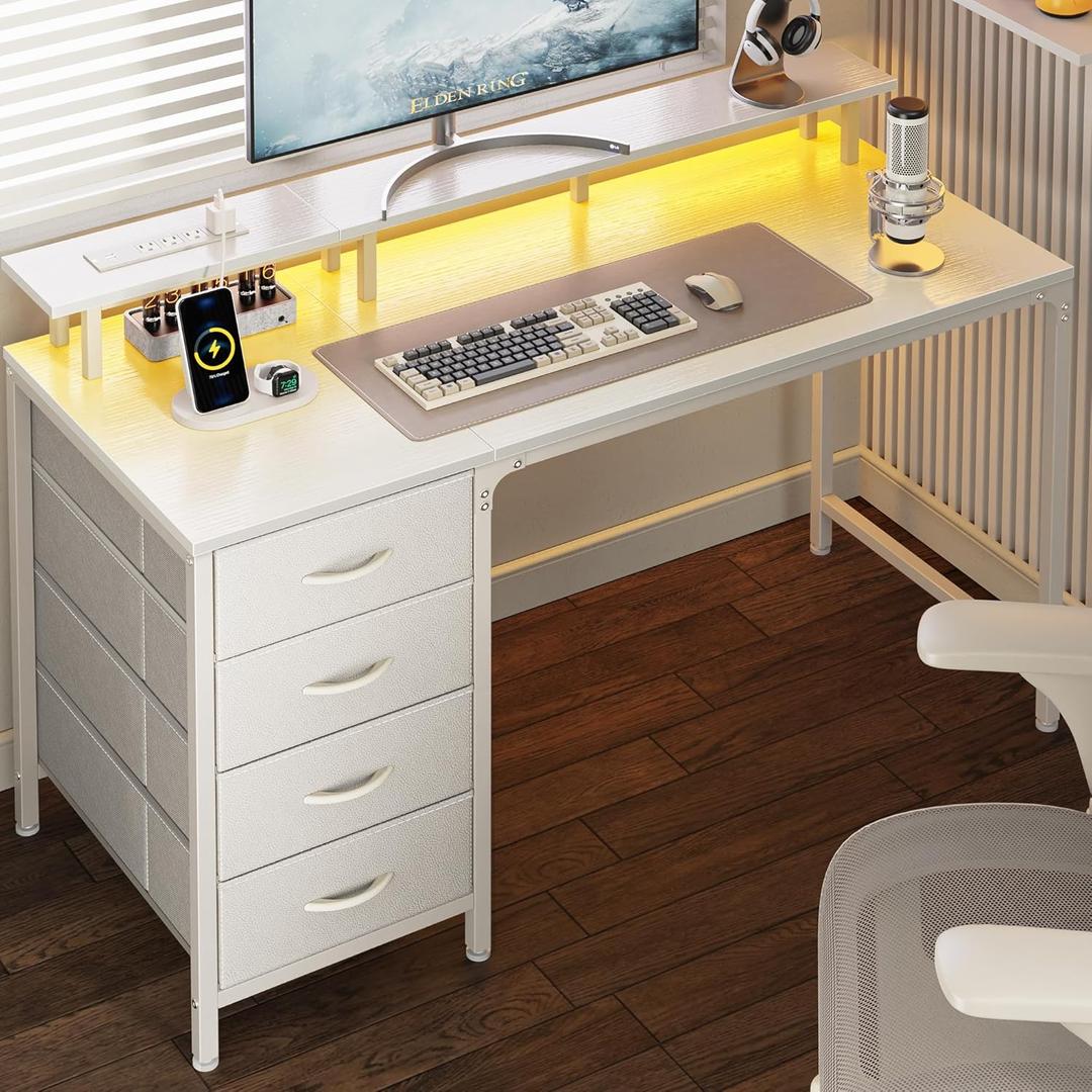 Huuger 47 Inch Computer Desk with Power Outlets and LED Lights, Gaming Desk with 4 Drawers, Office Desk with Monitor Stand, Study Work Home Office, Small Spaces, White, 47.2"D x 19.7"W x 33.9"H