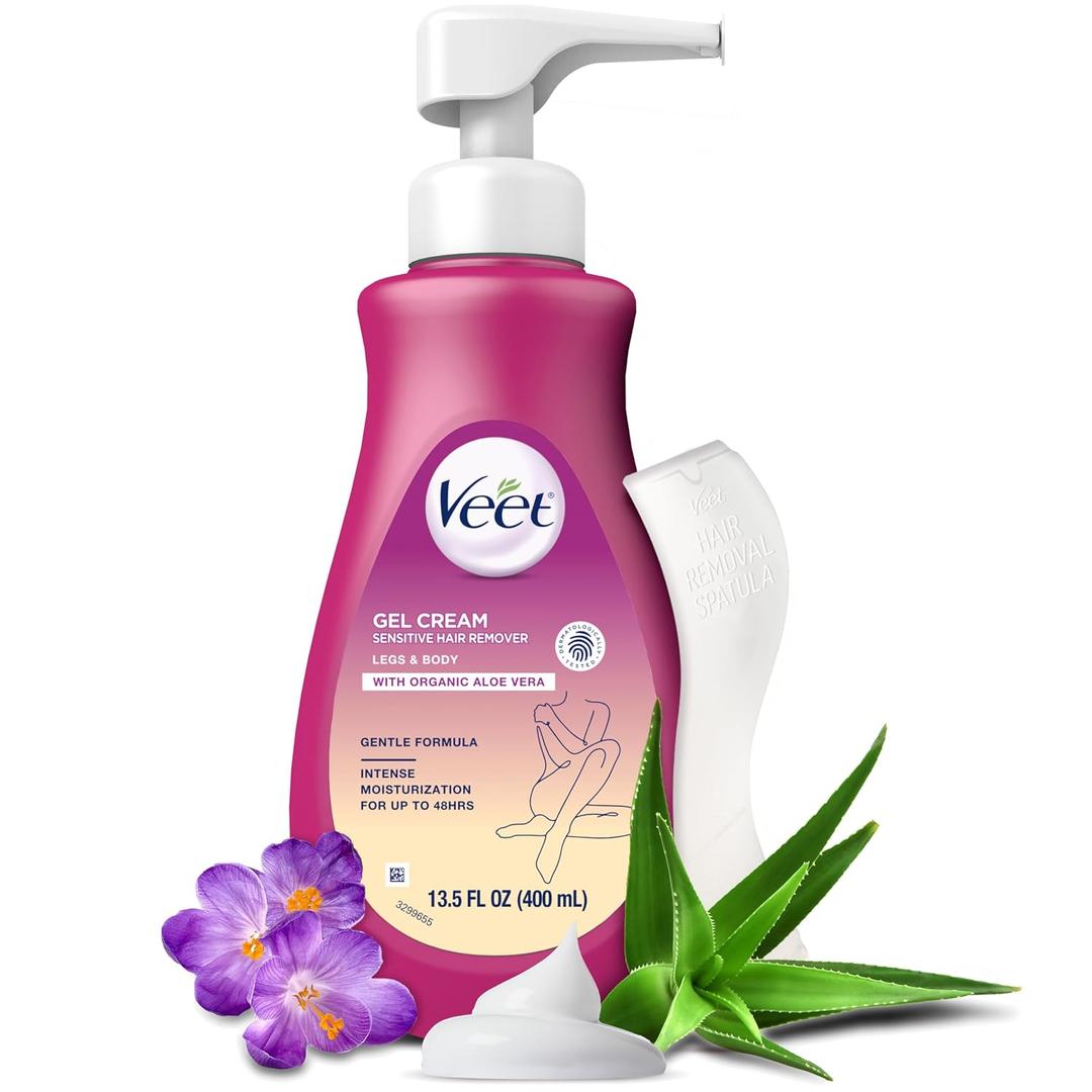 Veet Sensitive Skin Hair Removal Cream For Women, Painless Bikini Hair Removal Gel, Dermatologically Tested Depilatory Cream For Bikini Line, Legs, Arms, Underarms, 13.5 FL OZ Pump Bottle with Tool