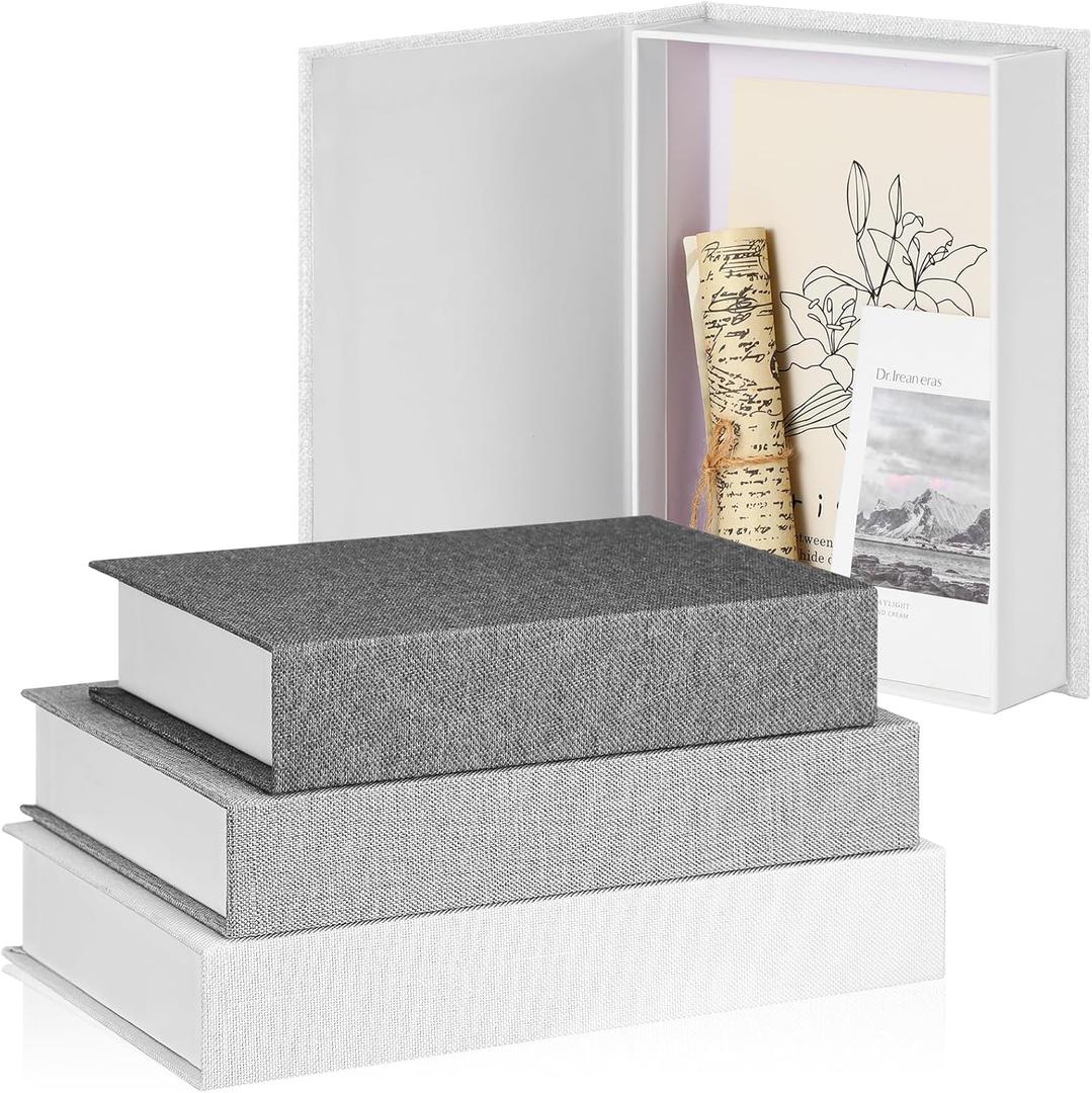 Tioncy 3 Pcs Fake Book Box Neutral Linen Book Box Decorative Faux Prop Storage for Farmhouse Home Decor shelf Table Card Photo DIY Keepsake Gift(Multi Sizes,Gray Tone)