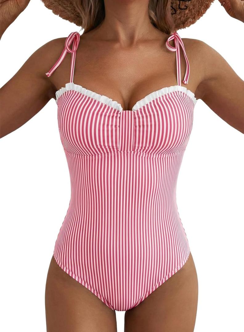 Herseas Womens Striped One Piece Swimsuits Tie Shoulder High Cut Tummy Control Bathing Suit 2026 Summer Beach Swimwear (Medium)