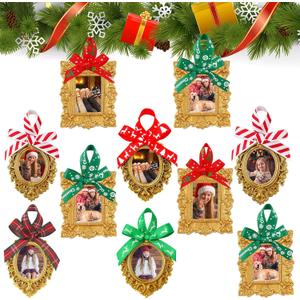 Weysat 10 Pcs Christmas Mini Vintage Picture Frame with Velvet Ribbon Bows Small Gold Picture Frame Ornament Antique Oval Rectangle Wall for Photo Display Christmas Holiday Decor DIY Crafts