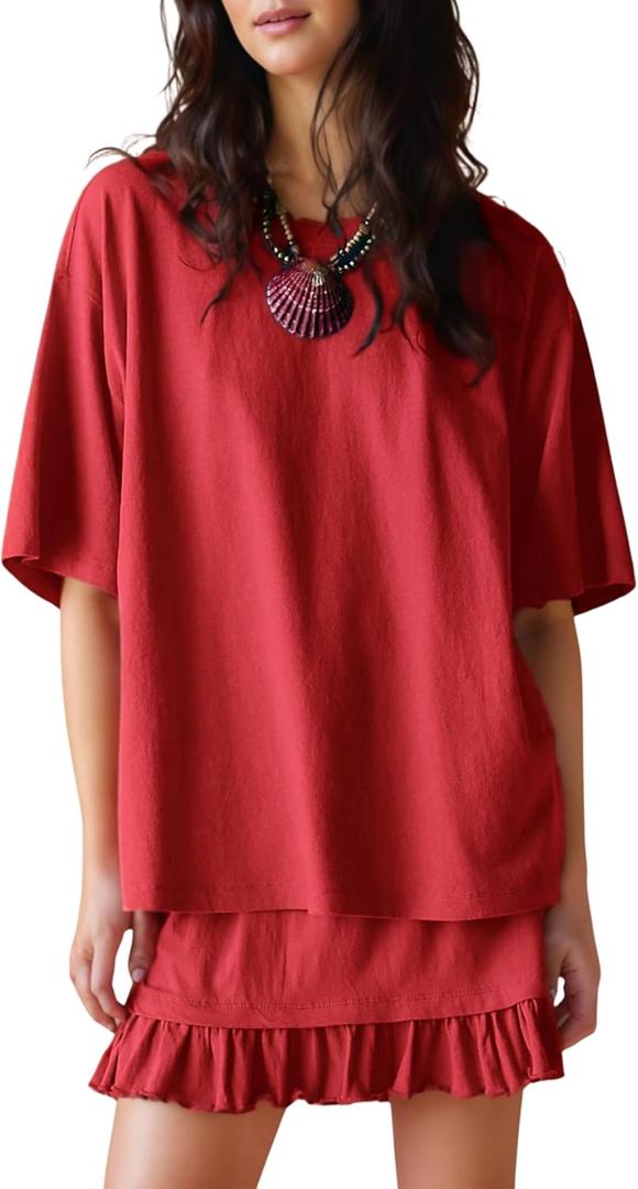 Esmeling Women Summer 2 Piece Skirt Sets Round Neck Short Sleeve Outfits Casual Tops and Pleated Skirts Sets (Medium, Red)