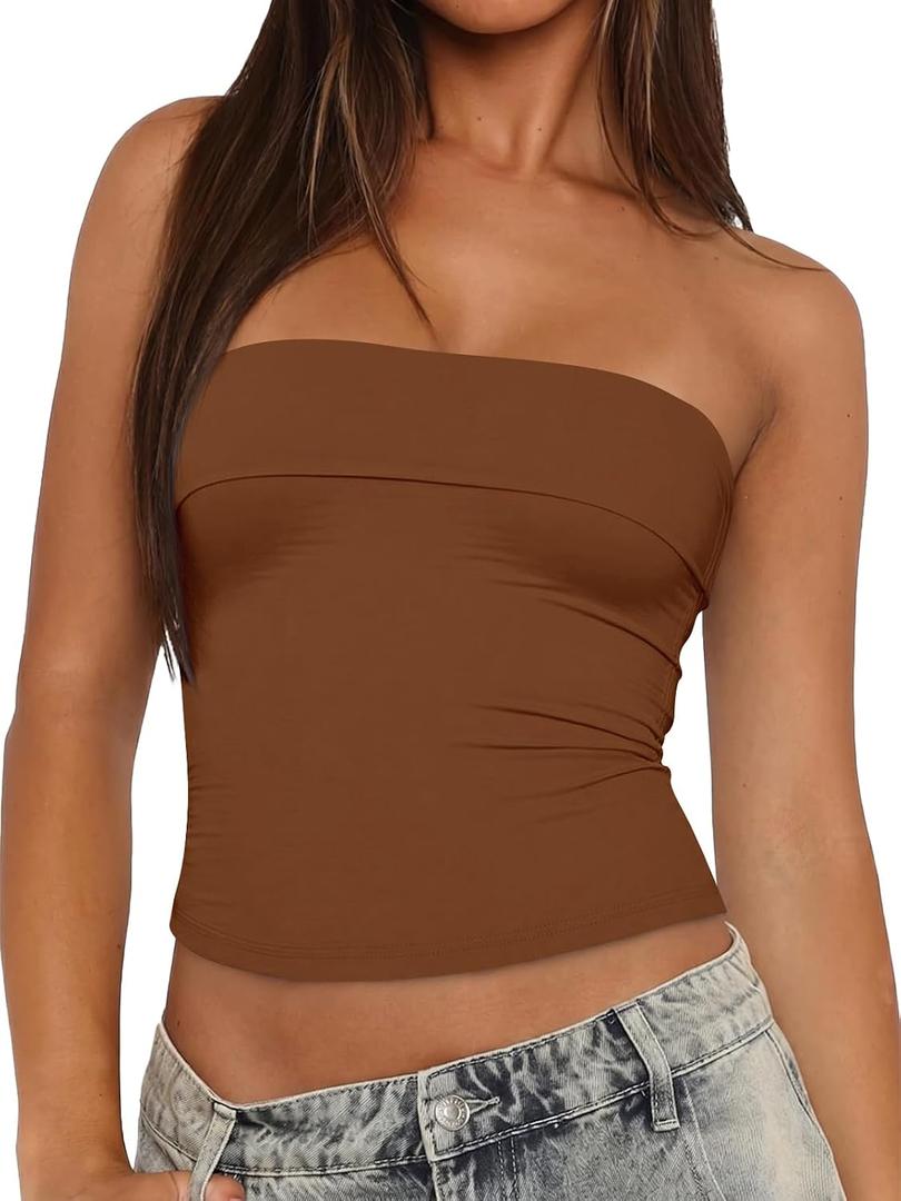 Tankaneo Womens Strapless Tube Tops Cropped Y2K Going Out Fitted Tank Tops | Summer Trendy, Layered Bandeau Shirts (Brown)