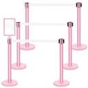 Therwen 6 Pack Heavy Duty Crowd Control Stanchions 9.8 ft Stainless Steel Stanchion Set with 6 Safety Barrier Post Retractable Belt and 1 Sign Holder Crowd Control Barrier(White Belt, Pink)