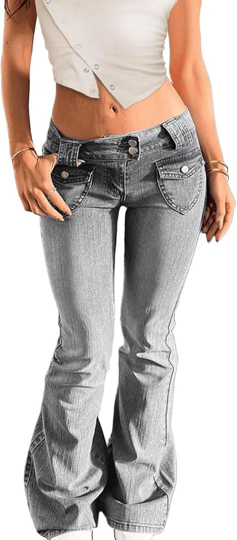 Low Rise Flare Jeans for Women Baggy Y2K Stretchy Bell Bottom Denim Pants 90s Vintage Washed Jeans with Pockets (Silver, XS)
