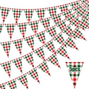 5 Pieces Christmas Red Green Plaid Flags Banners Pennant Single Sided Banner Paper Triangle Flag for BBQ Picnic Wedding Baby Shower Birthday Xmas Party Decorations