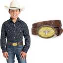 Kids Western Belt for Boys Girls, Embossed Genuine Leather Cowboy Cowgirl Belt for Jeans Pant Dresses Gift (fit waist size 23"-26", A Bull-coffee)