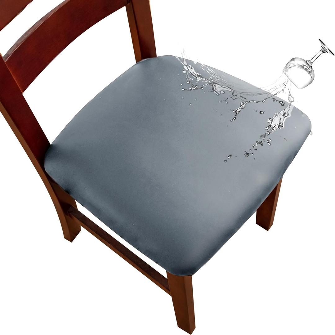 Genina Waterproof PU Leather Seat Covers for Dining Chairs,Chair Seat Covers Set of 6, Stretchable Dining Room Chair Seat Covers for Chair Protector Slipcover for Kitchen (Dark Gray)