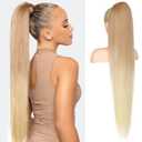 Flufymooz ponytail extension, 36 Inch Long Straight Drawstring Ponytail Synthetic Hairpieces Fake Pony Tails Natural Soft Clip in Hair Extension ponytail for Women (Dark Blonde to Light Blonde)
