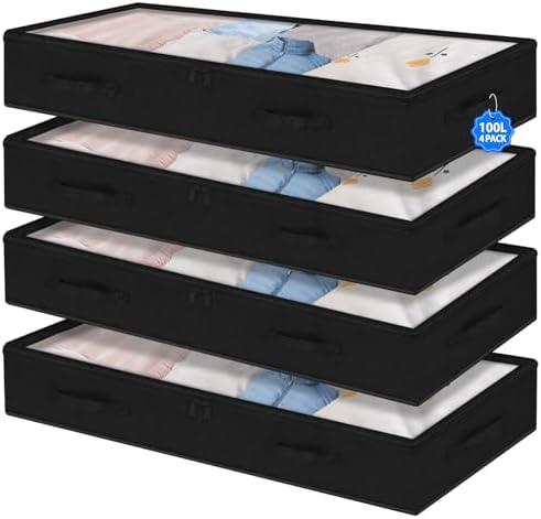 Under Bed Storage Containers Large 40" X 20" X 7.5" (No Support) Fabric Zipper Underbed Storage Bags, 100L Long Flat Foldable Storage Bins W/ Clear Lids For Clothes Blanket College Dorm, Black, 4 Pack