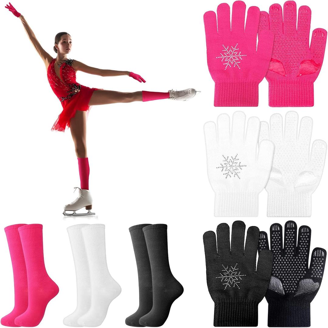 Hicarer 6 Pairs Figure Skating Gloves Socks Set Ice Skating Socks Warm Winter Anti Slip Gloves for Practice Competition (Black, White, Pink)
