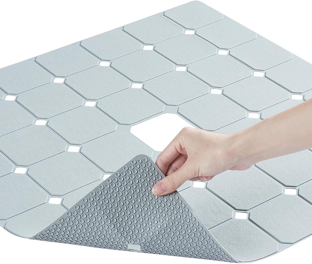 Shower Mat Non Slip Silicone Soft Odorless Bathtub Mat Non Slip No Suction Cups for Refinished,Reglazed and Textured Bath Tub Mat 24 X 24 Inch Grey