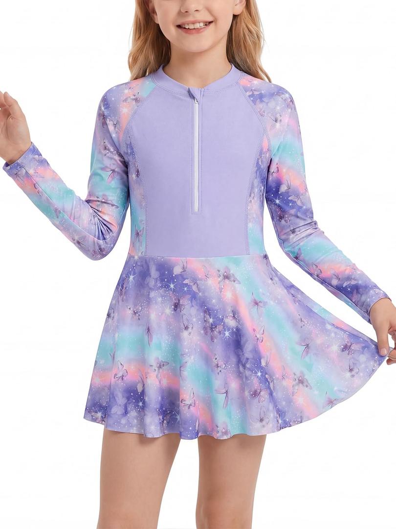JiAmy Girls One Piece Swimsuits Rash Guard Swim Dress Purple 4-5Y