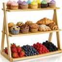 3 Tier Bamboo Serving Tray, Rectangle Serving Platters Tiered Tray Stand, Fruit Cupcake Display Stand Farmhouse Decorative Trays for Appetizers, Snacks, Dessert, Party, Birthday, Wedding