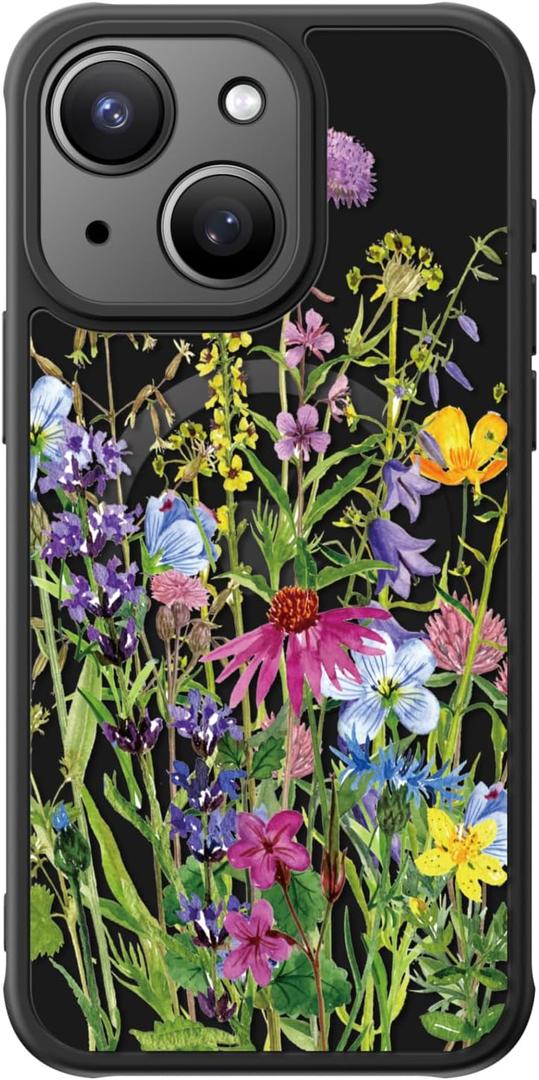 FUNMIKO for iPhone 15 Plus Case Wireless Charging & Military-Grade Protection - Cute Floral Design for Women Girls, Non-Slip Matte Cover with Shockproof Corners - Clusters of Wildflowers