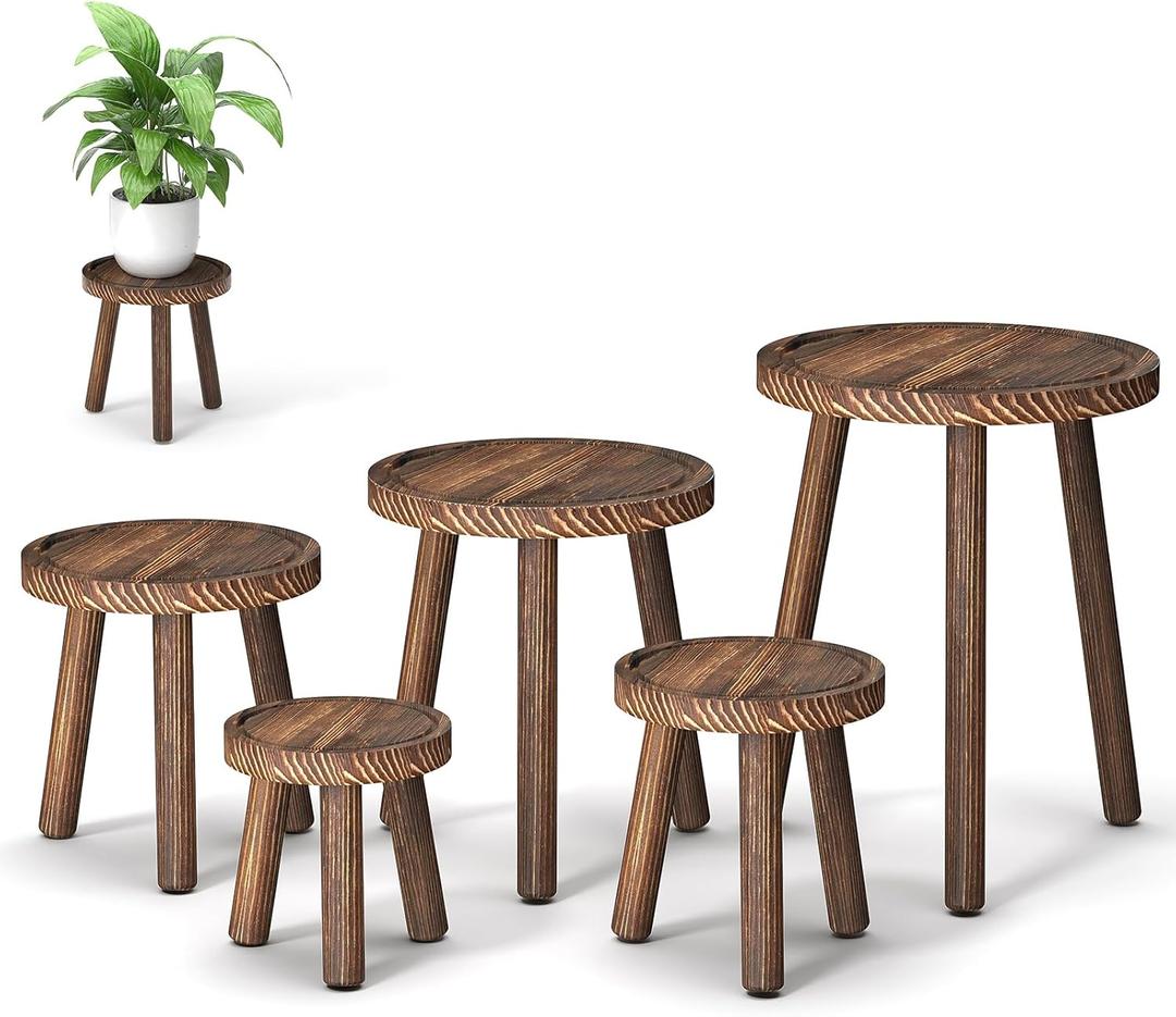 5-Pack Wood Plant Stands Indoor, Single Plant Stand for 6-12 Inch Pots, Mid-Century Modern Plant Stool, Tall Plant Stand for Large Plants for Living Room, Balcony, Office (Dark Brown)