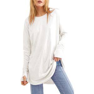 Fisoew Women's Casual Long Sleeve Tops Crew Neck Round Hem Loose T-Shirts Tunic Tops with Thumb Holes (Medium, White)