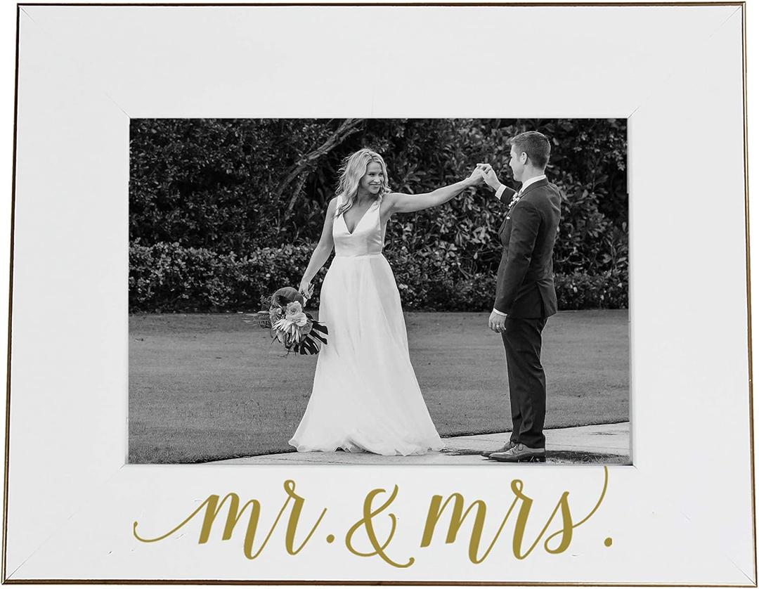 5x7 Mr. & Mrs. Frame - Wedding Picture Frame, White with Gold Calligraphy, Holds 5x7 Photo, Easel-Back & Wall Mountable