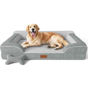 CWAWZ Extra Large Dog Bed, Orthopedic Dog Bed with Cooling Gel Memory Foam, Waterproof XL Pet Bed with Removable Washable Cover, 42" Pet Sofa Couch Dutch Velvet with Bone Toy, Light Gray