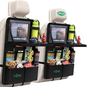 Car Backseat Organizer with Tablet Holder,11 Storage Pockets with Foldable Food Tray, Protector Kick Mats for Kids, Travel Accessories Organizer (Black, 2Pack with Food Tray)