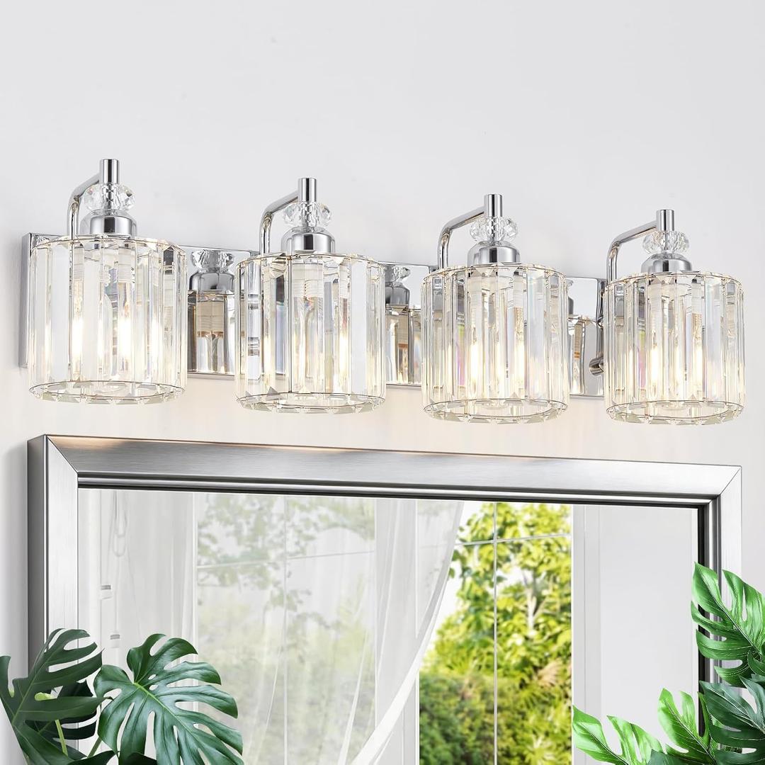 4-Light Modern Bathroom Light Fixture Chrome Bathroom Vanity Lights Over Mirror Wall Sconce Lighting with K9 Crystal Shades E26 Base for Bedroom, Living Room, Hallway, Cabinet Wall Lamp