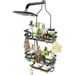 HapiRm Bathroom Hanging Shower Caddy - Rustproof & Waterproof Shower Shelf with 12 Hooks and 2 Soap Holders, No Drilling Bathroom Organizers and Storage - Black