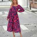 Women's Long Sleeve Button Decor Dress Boho Flowy Square Neck Maxi Dress 2025 Fall Casual Trendy Dresses (M)