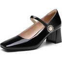 NEWBELLA Women's Patent Leather Mary Janes - Glossy Square Toe Pumps with Chunky Heel & Buckle Strap, Retro Dress Shoes for Work & Formal Events Black, Size 9