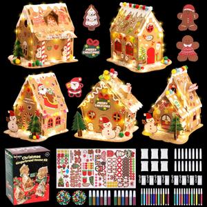 SAYAYA 5 Sets LED Cardboard Christmas Gingerbread House Kits Bulk DIY Your Own Christmas Gingerbread House with Pom Poms, Stickers, Light Strings, Pens Craft Kit for Xmas Holiday Party Decorations