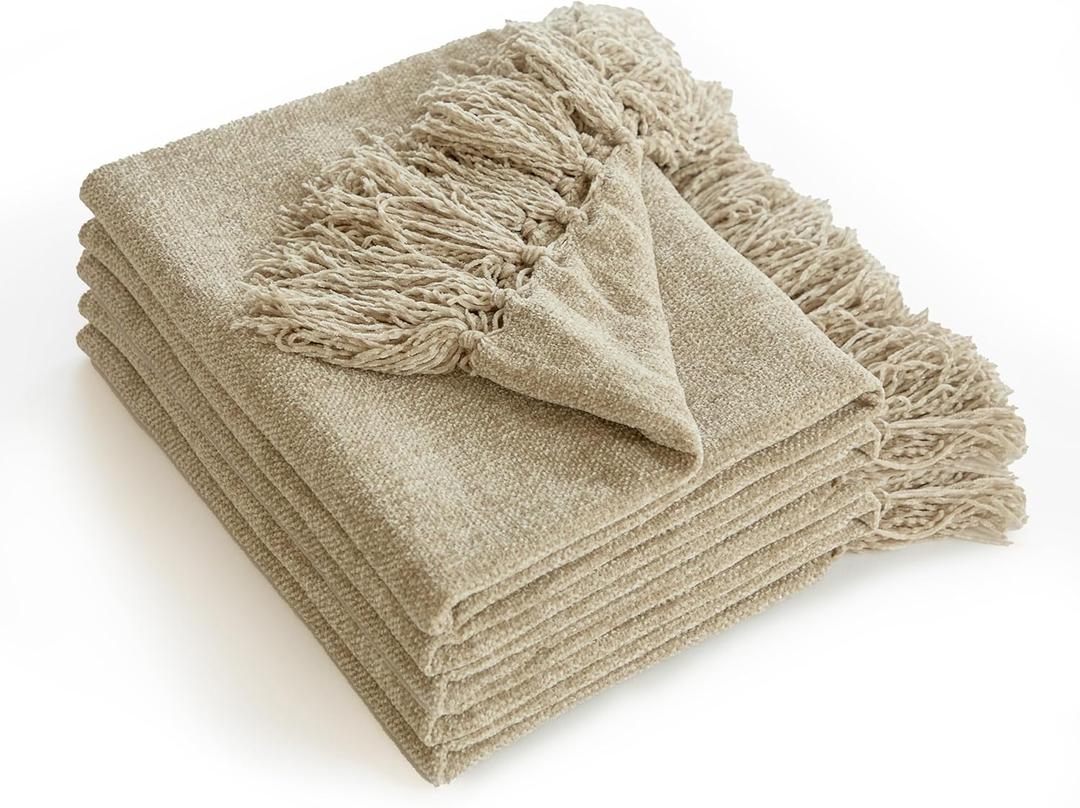 Simple&Opulence Soft Chenille Throw Blanket 50'' x 60'' - Cozy Fluffy Blanket with Fringe Tassel, Farmhouse Boho Blankets for Couch Bed Office Chair Gift Home Decor All Season Use, Khaki