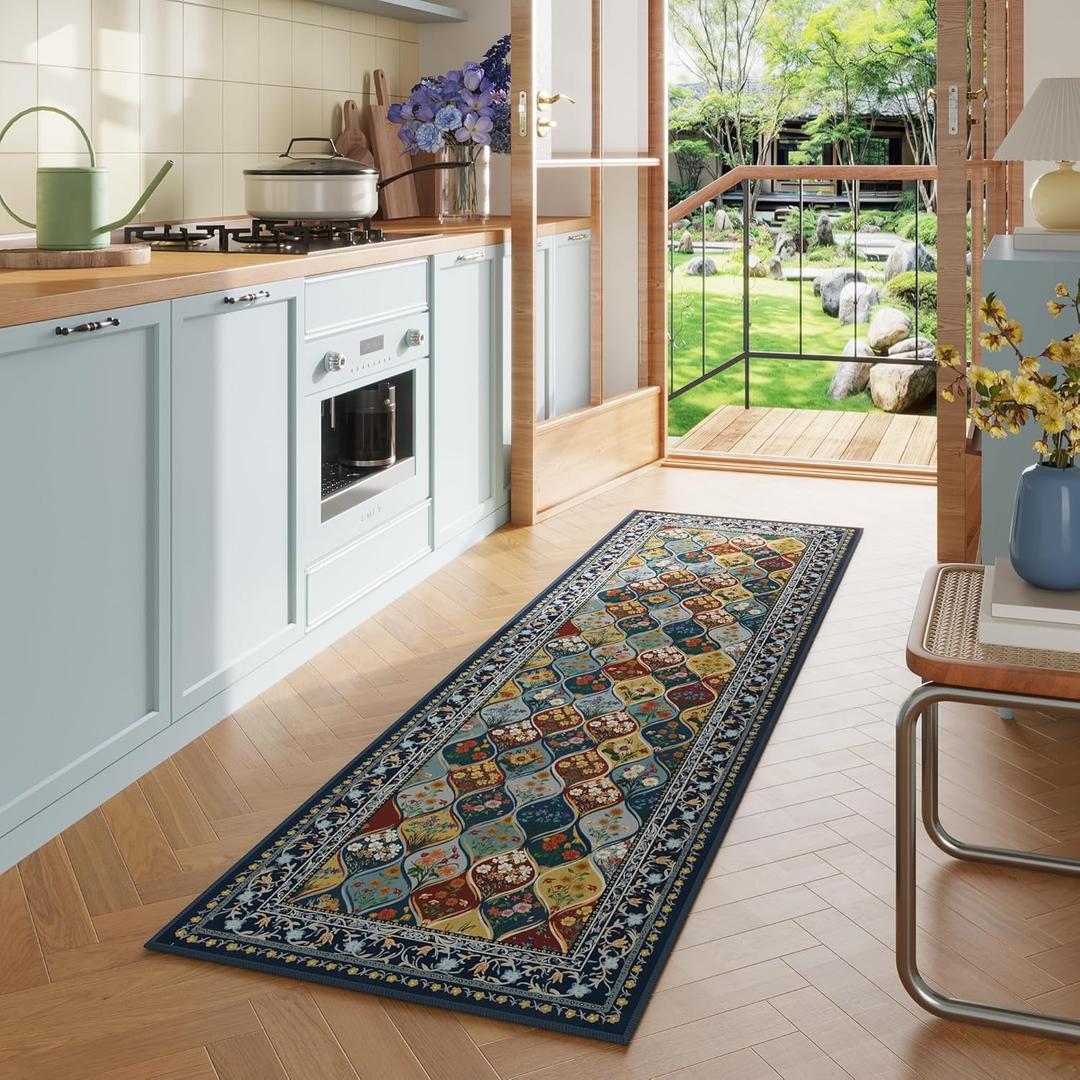 Bohemian Geometric Floral Runner Rug 2x6, Machine Washable, Soft Low Pile, Non-Slip Carpet for Laundry, Bedroom, Bathroom, Entryway | Blue