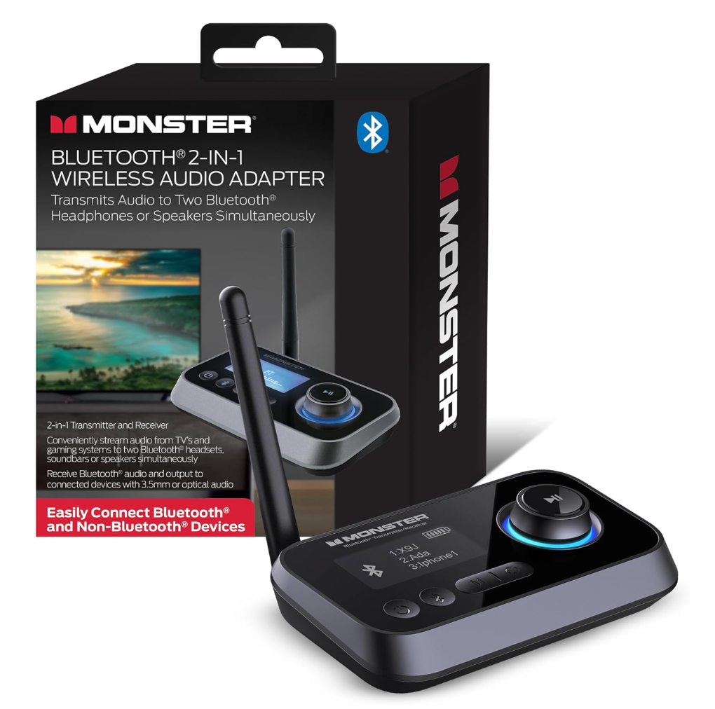 Monster Bluetooth Transmitter & Receiver, 2in1 Bluetooth Audio Adapter, Stream to/from NonBluetooth Devices, Stream TV to 2 Headphones, 33 ft Range, Analog & Digital, TV USB Powered, 3.5mm Aux Port