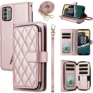 Argyle Wallet Case for Nokia G400 5G with Wrist Strap Shoulder Strap, 9+ Card Slots Zipper Purse Luxury PU Leather Stand Checkered Cell Phone Cover for G 400 400G 2022 Women Girls Rose Gold
