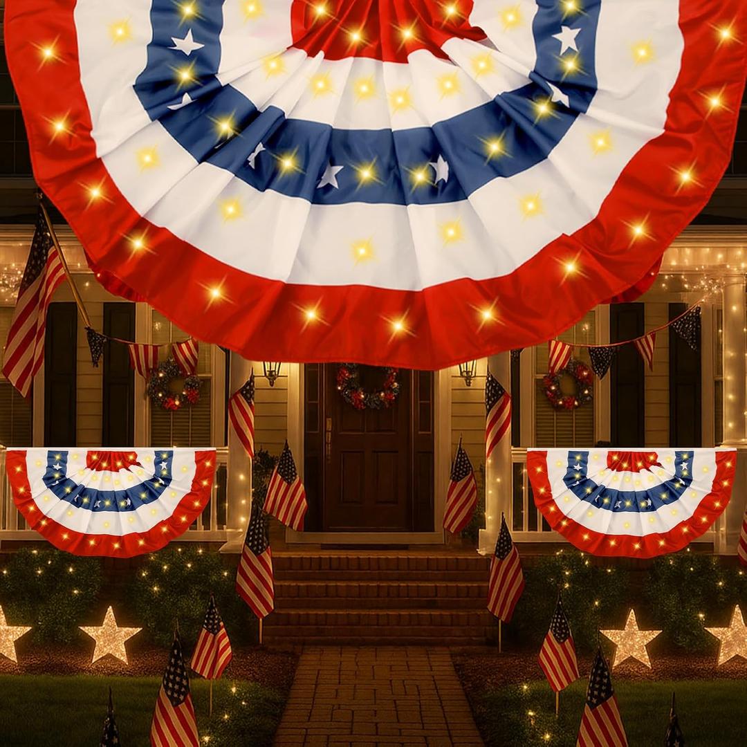 Unittype 4 Pack 2 x 4 ft American Pleated Fan Flags with LED Lights, Patriotic Half Fan Bunting Flags for Outdoor 250th Anniversary Lighted 4th of July Decoration with Grommet for Independence Day