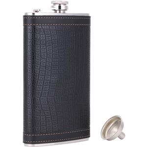 12 oz Pocket Black Whiskey Liquor Leather Wrapped Flask with Funnel and Box - Stainless steel and Leak Proof