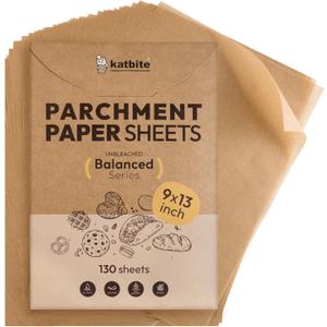 Katbite 130 Pcs Parchment Paper Sheets, 9x13 Inches Unbleached Baking Paper Non-Stick for Gently Baking, Pre-cut Parchment Paper Suitable for Baking, Cooking,Air Fryer [Balanced Series]