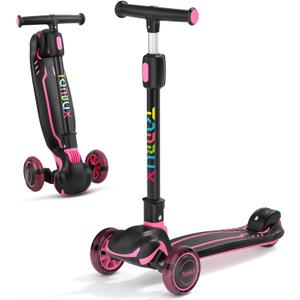 TONBUX Kids Scooter, Light Up 3 Wheel Kick Scooters for Kids 3-12, Folding Scooters with Adjustable Height - Toddler Scooter Lean-to-Steer & Widen Anti-Slip Deck (Rose Red)