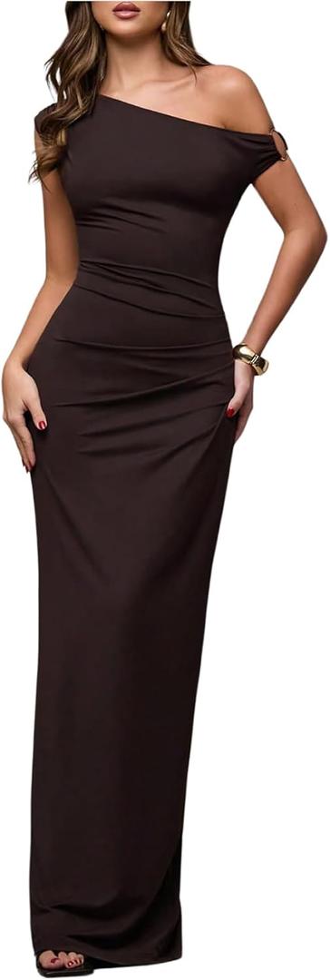 Verdusa Women's Off The Shoulder Dresses Asymmetrical Ruched Sleeveless Maxi Dress (Brown, S)