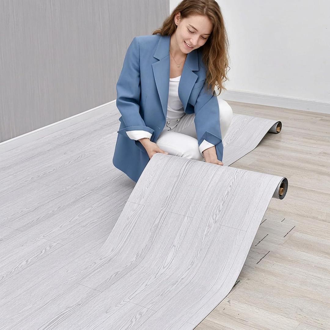 15.7''x10FT Peel and Stick Vinyl Flooring Roll 12.86 Sq.ft-FOGZUVR Self-Adhesive Peel and Stick Floor Tiles Waterproof Wood Grain for Living Room, Bedroom, Bathroom & Kitchen(Paleish Grey)