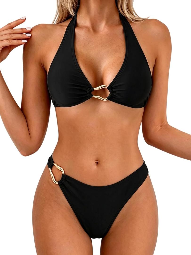Fanuerg Women's Halter V Neck Bikini Sets Ring Linked Two Piece Swimsuit Cheeky Swim Bathing Suit 2025 (Black, XL)