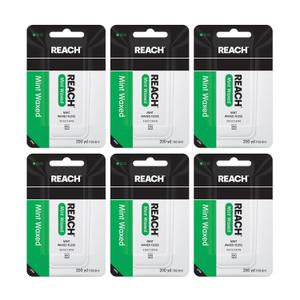 REACH Waxed Dental Floss, Mint, Plaque Remover for Teeth, Shred Resistant, Floss Slides Smoothly, Easy to Use, Waxed, Deep Cleaning Teeth, Oral Care, PFAS Free, for Adults & Kids, 6 Pack, 200 yd
