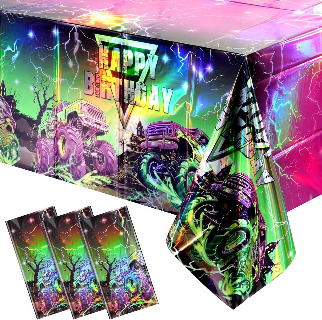 3 Pcs Monster Truck Iridescence Party Tablecloth Decorations,54 x 108 Inch Plastic Happy Birthday Truck Table Cloth Disposable Purple Green Laser Table Cover for Birthday Racing Themed Party Supplies