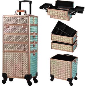 Stagiant Rolling Makeup Case Cosmetology Case on Wheels 4 in 1 Large Cosmetic Organizer Train Case Makeup Travel Case with Key Swivel Wheels Nail Artist Salon Storage Traveling Cart Trunk Rose Gold