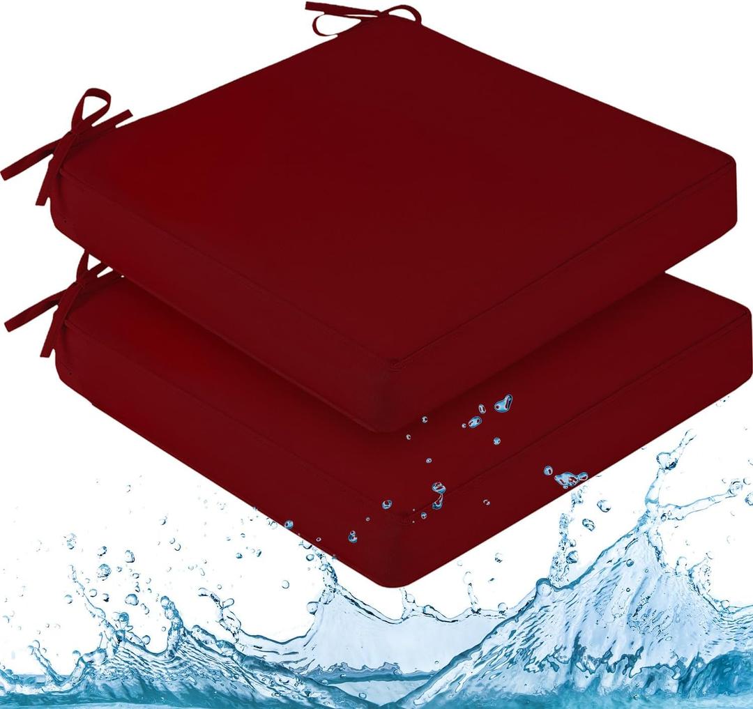 downluxe Waterproof Outdoor Chair Cushions for Patio Furniture, 22" x 22" x 3" Patio Chair Cushion with Adjustable Ties & Portable Handle, Square Outdoor Cushion with Removable Cover, Burgundy, 2 Pack