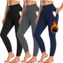3 Pack Fleece Lined Leggings Women with Pockets -Warm Winter Yoga Pants for Women Thermal Running Workout Leggings, Black/Grey/Navy, Small-Medium