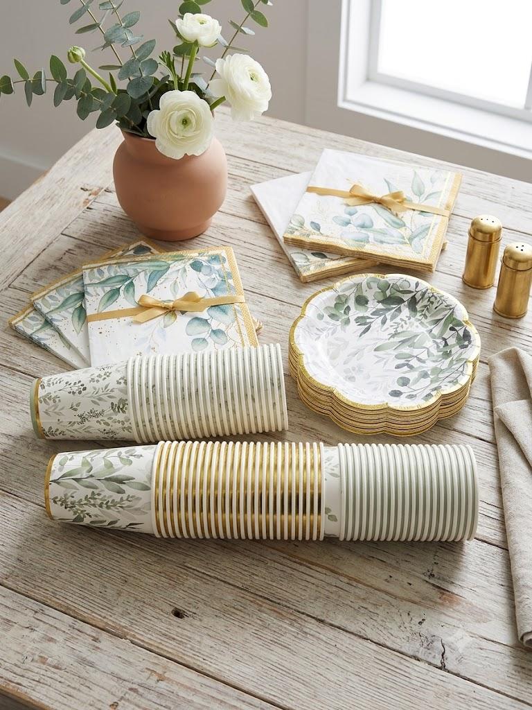 Yungyan 216 Pcs 72 Guests Greenery Plates and Napkins Party Supplies Sage Green and Gold Scalloped Disposable Eucalyptus Paper 6" Plates, Napkins and 9 oz Cups Set for Baby Shower Wedding Decoration