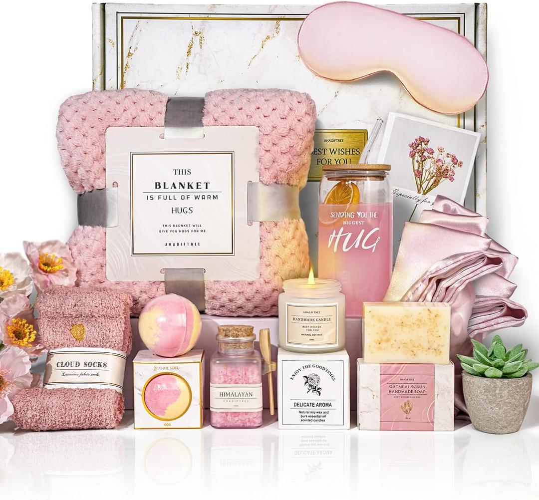 AHAGIFTREE Mother's Day Birthday Gifts Get Well Soon Gift Baskets For Women,12PC Get Well Gifts for Women After Surgery,Birthday Gifts,Care Package,Grief,Sympathy,Condolences Gift Basket (pink)