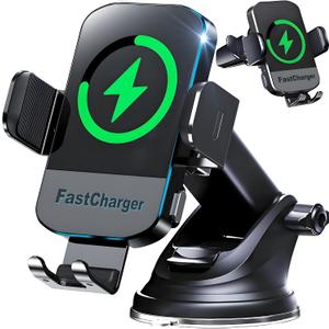 CHGeek Wireless Car Charger, 2026 Upgrade 15W Fast Charging Auto Clamping Car Phone Holder Charger, Phone Holders for car Mount, fit for iPhone 17 16 15 14 13 Mini Pro Max XR,Samsung Galaxy S26 Ultra (Matte Black)