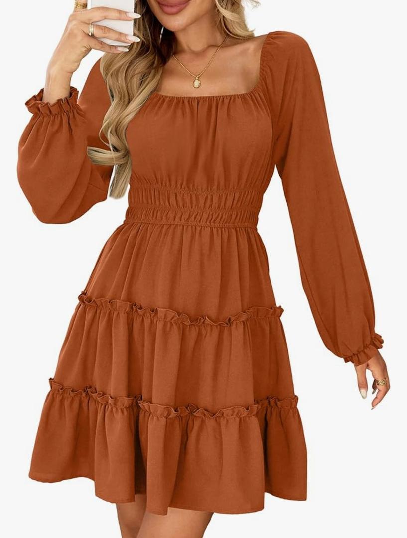 Women’s Square Neck Long Sleeve Dress Tiered Ruffle A-Line Flowy Mini Dresses with Pockets (S, Brown)