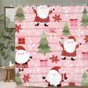 Pink Christmas Holiday Shower Curtain 72Wx72L Winter Santa Claus Cute Xmas Tree Holiday Kids New Year Bathroom Set Accessories Decor with 12 Pack Hooks
